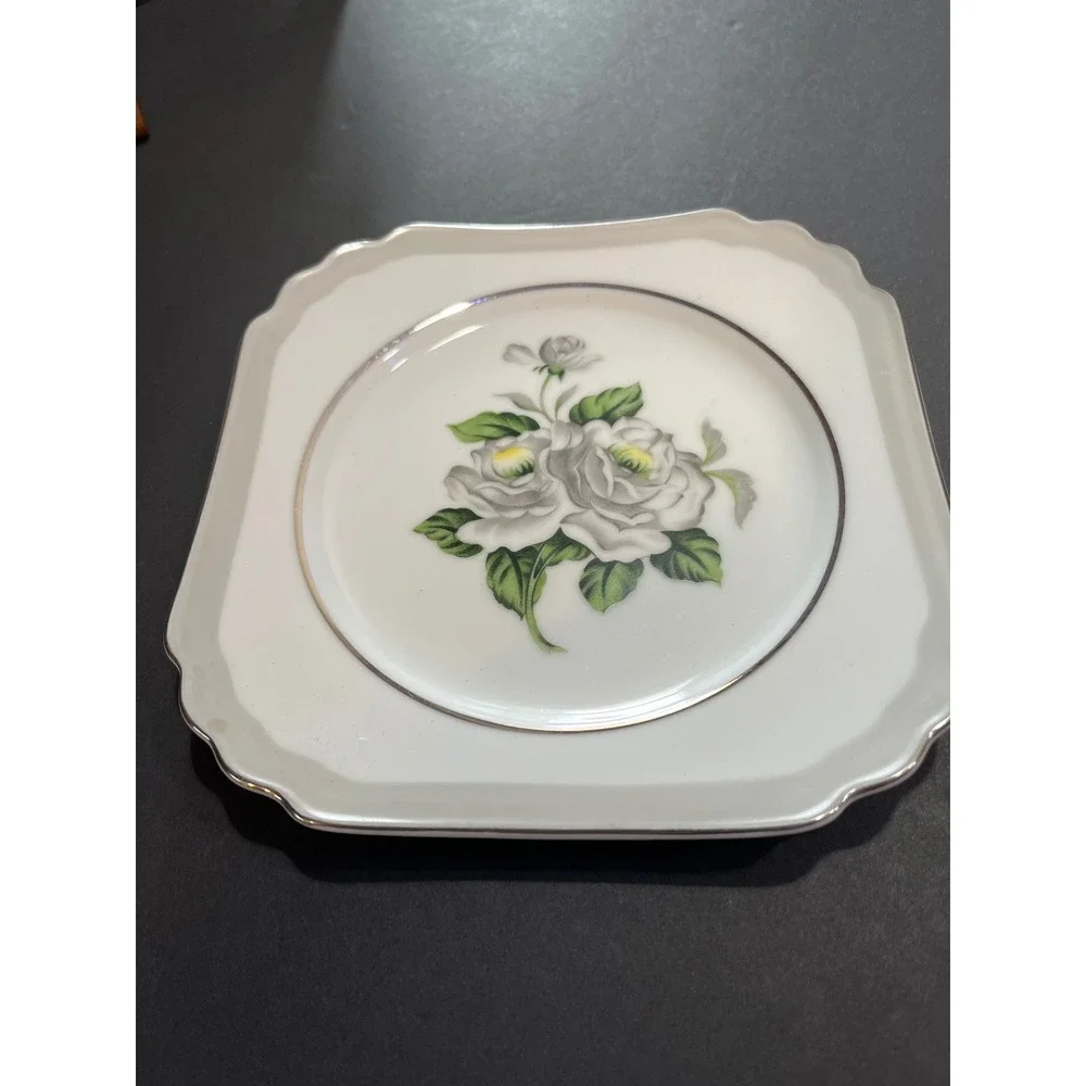 Gold Coast China First Love Square Salad Plate White Rose Silver Trim Japan 7.5